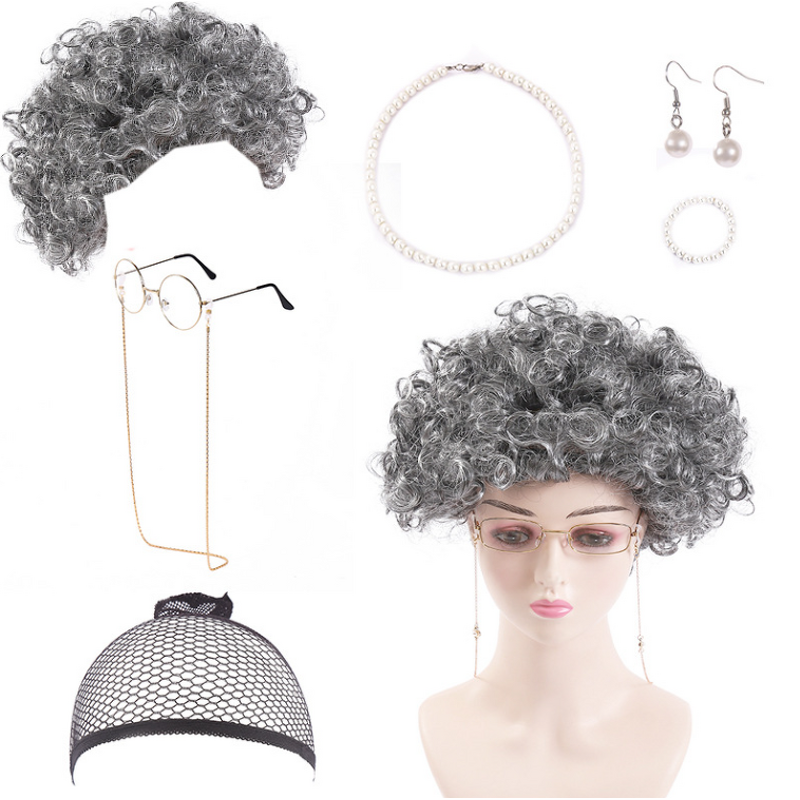 Cosplay Set Factory - OEM Old Lady Granny Wig Cap Glasses Jewelry