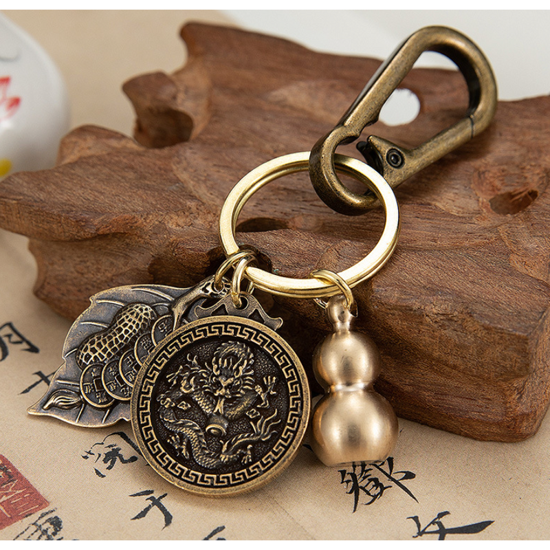 Feng Shui Keychain Factory - OEM Brass Lucky Leaf Fu Gourd Charms