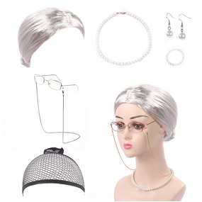 Cosplay Set Factory - OEM Old Lady Granny Wig Cap Glasses Jewelry