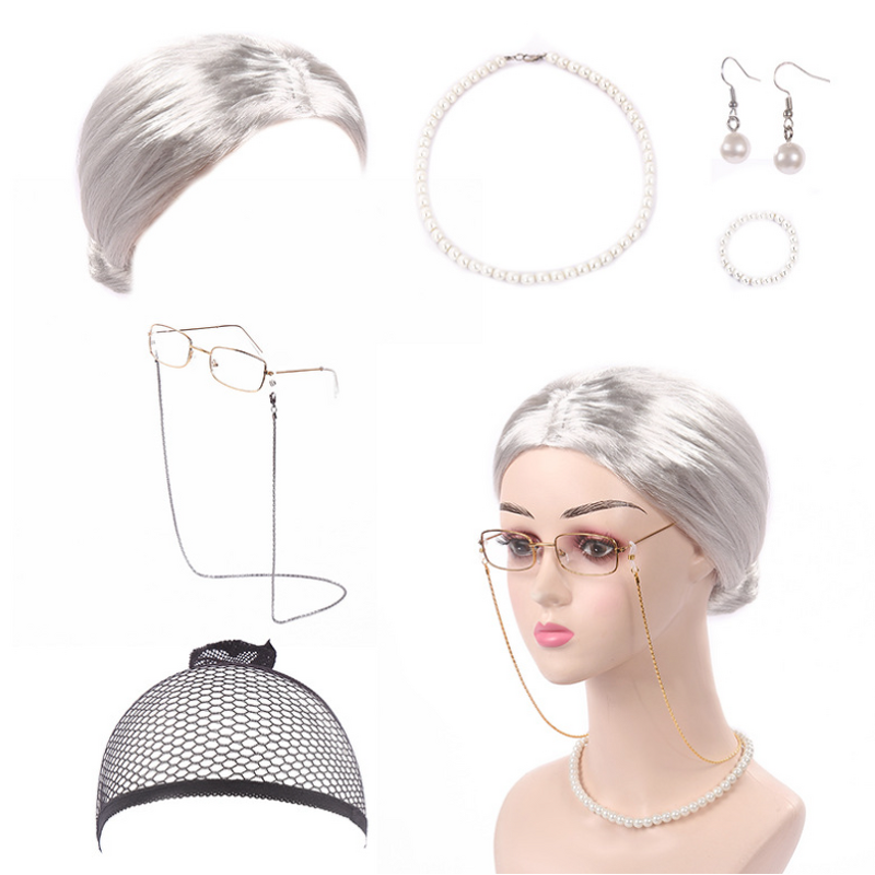 Cosplay Set Factory - OEM Old Lady Granny Wig Cap Glasses Jewelry