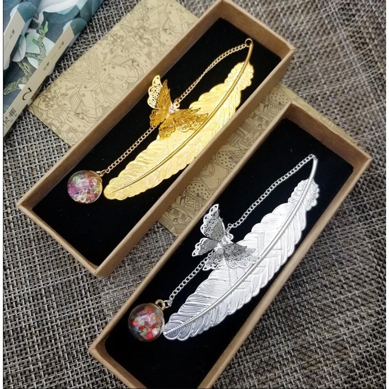 Metal Bookmark Factory - OEM Vintage Feather Butterfly Glass Ball Pendant