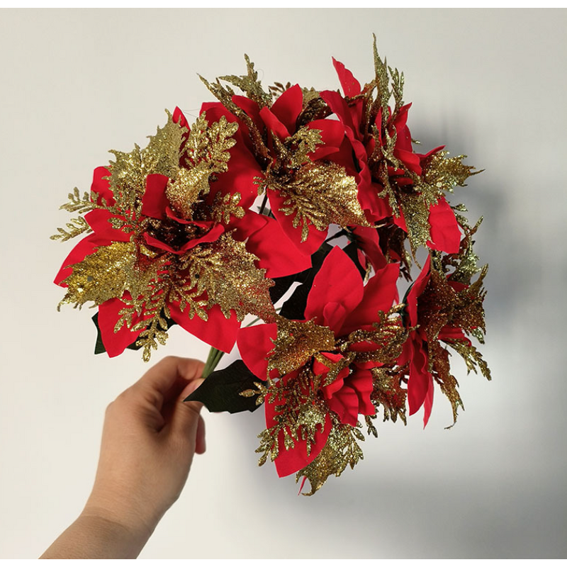 Christmas Ornaments Factory - OEM Artificial Poinsettia Flowers Glitter Bouquet