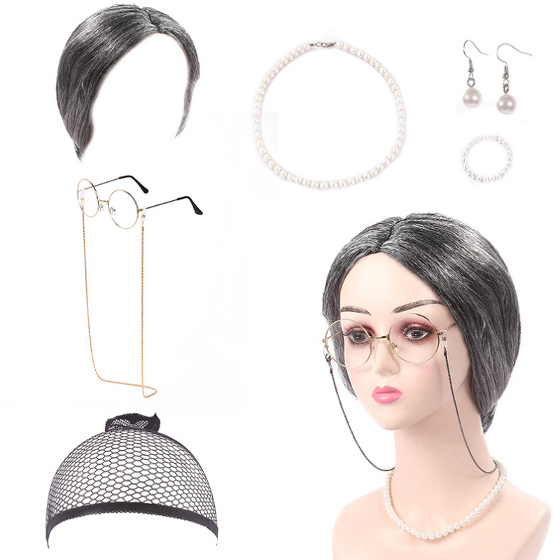 Cosplay Set Factory - OEM Old Lady Granny Wig Cap Glasses Jewelry