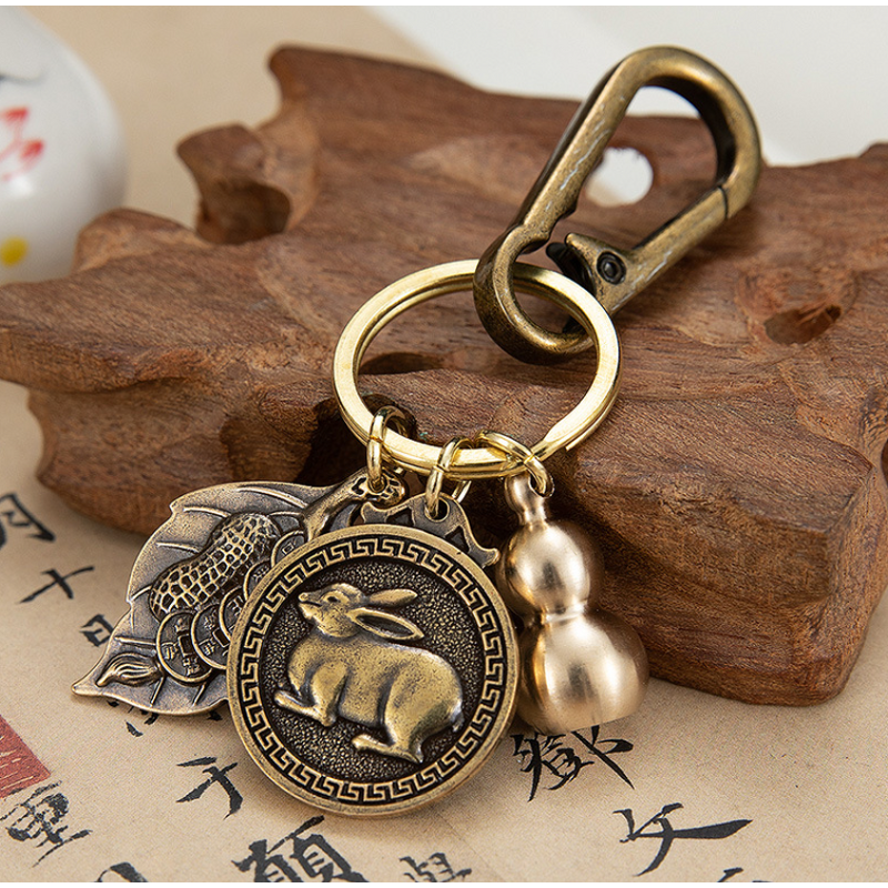 Feng Shui Keychain Factory - OEM Brass Lucky Leaf Fu Gourd Charms
