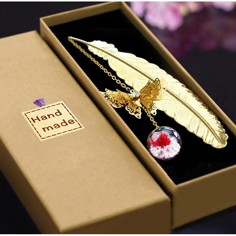 Metal Bookmark Factory - OEM Vintage Feather Butterfly Glass Ball Pendant