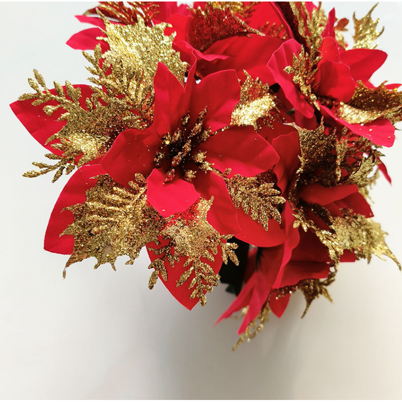 Christmas Ornaments Factory - OEM Artificial Poinsettia Flowers Glitter Bouquet