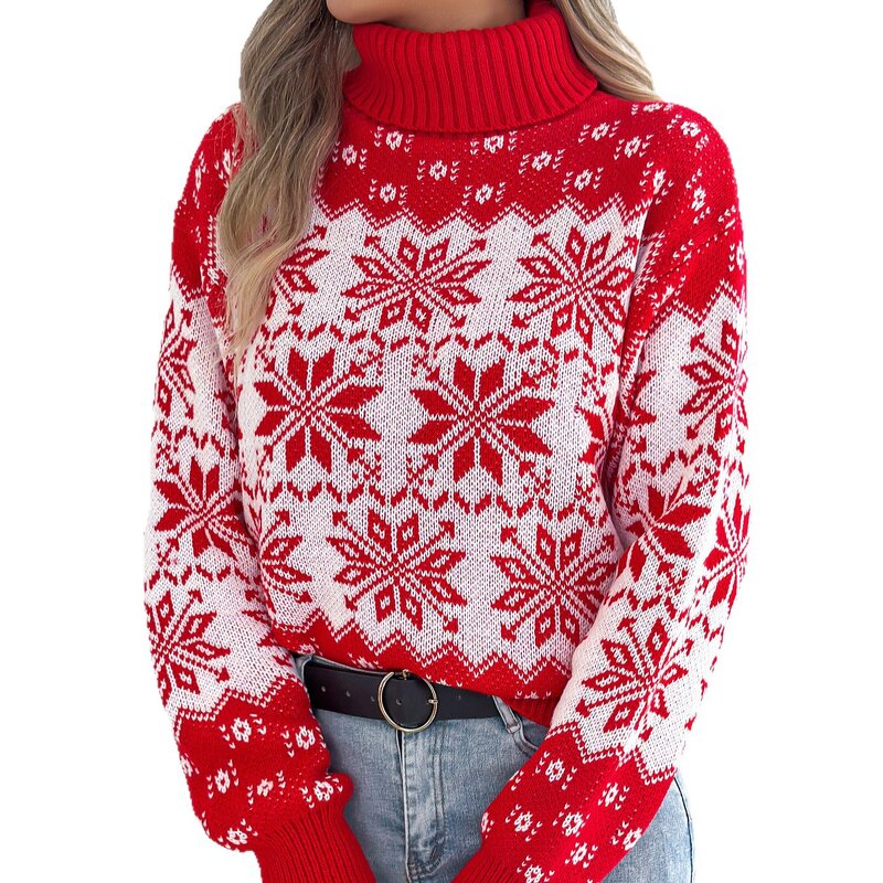 Women's Sweater Factory - OEM Winter Snowflake Pattern Lantern Sleeve High-Neck