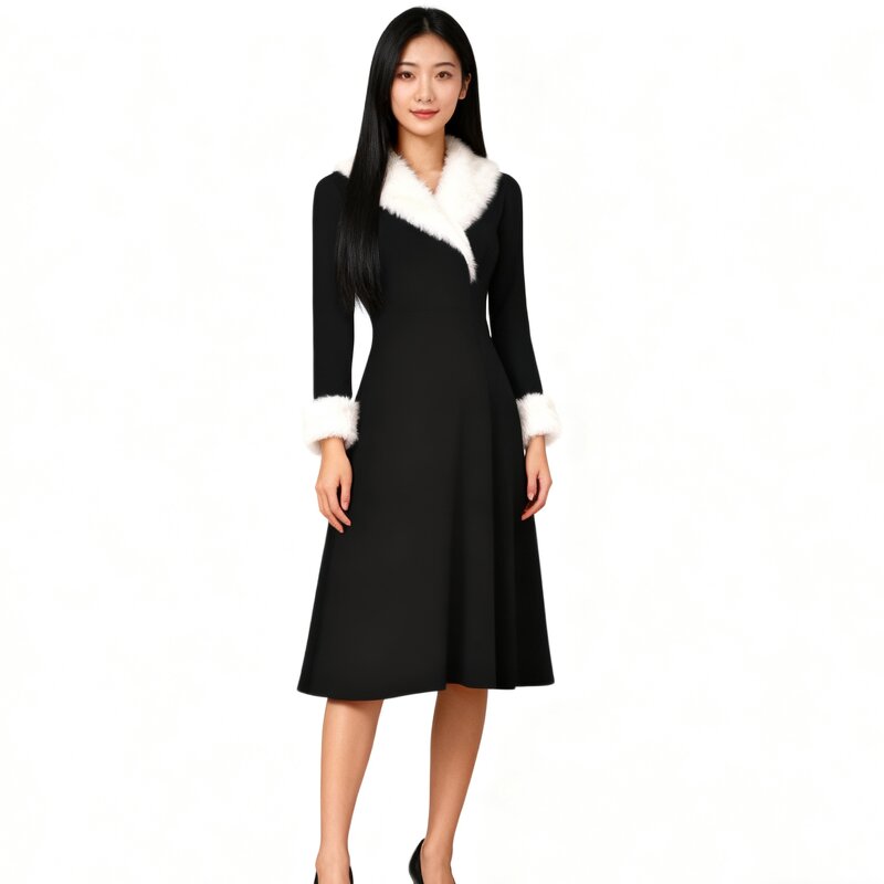 Women's Dresses Factory - OEM Christmas Long-Sleeve Fur-Collar Low-Cut Elegant