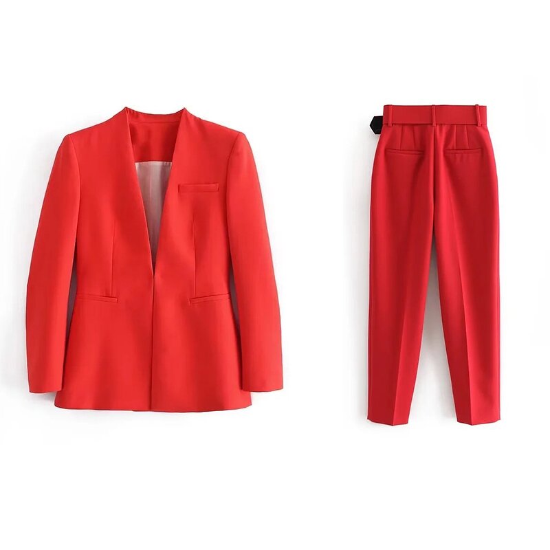 Women's Suit Set Factory - OEM New Solid-Color Pants with Belt Blazer Professional