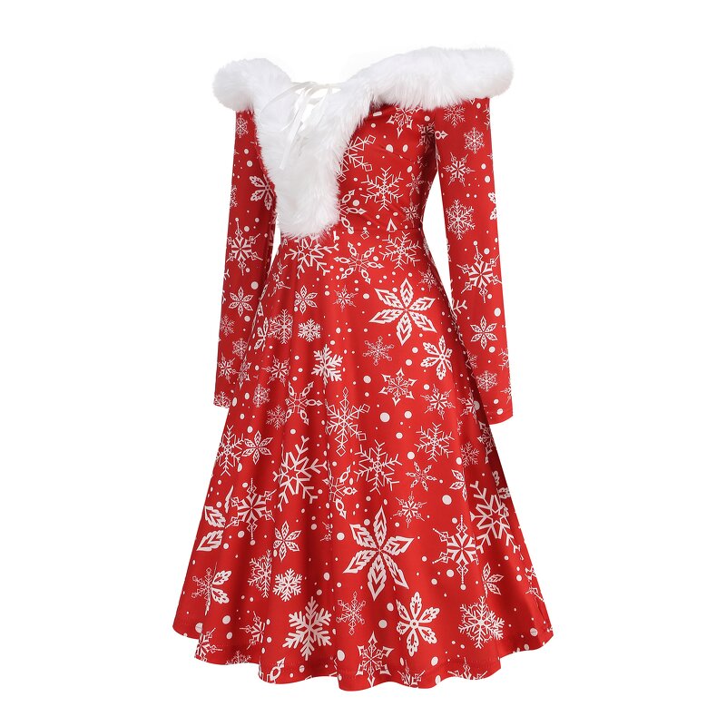 Women's Dresses Factory - OEM Off Shoulder Fur Collar Snowflake Printed V-neck A-line