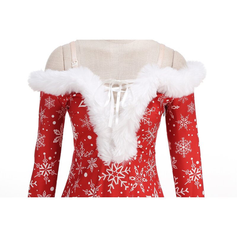 Women's Dresses Factory - OEM Off Shoulder Fur Collar Snowflake Printed V-neck A-line