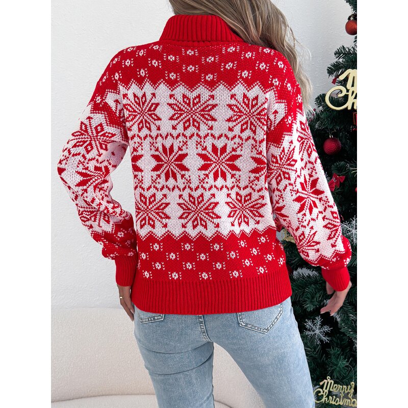 Women's Sweater Factory - OEM Winter Snowflake Pattern Lantern Sleeve High-Neck
