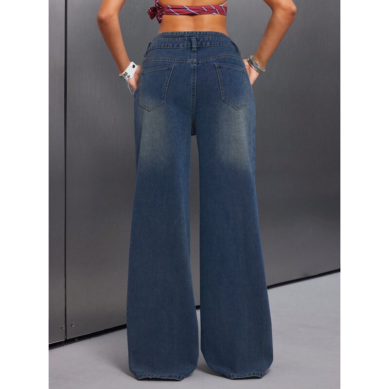Women's Pants Factory - OEM Button-Front Vintage Jeans Loose Straight-Leg Wide