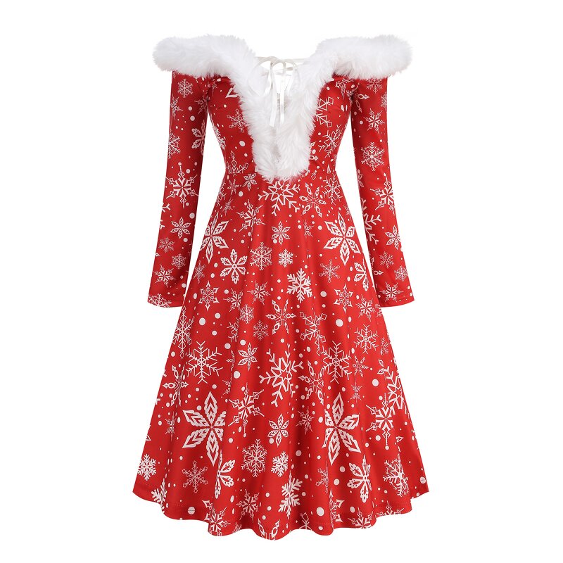 Women's Dresses Factory - OEM Off Shoulder Fur Collar Snowflake Printed V-neck A-line