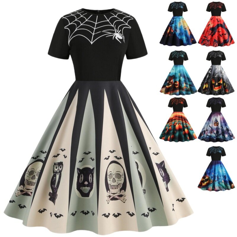 Women's Dresses Factory - OEM Halloween Round Neck Vintage Party Print Slim-fitting