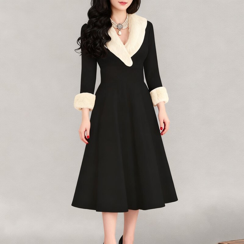 Women's Dresses Factory - OEM Christmas Long-Sleeve Fur-Collar Low-Cut Elegant