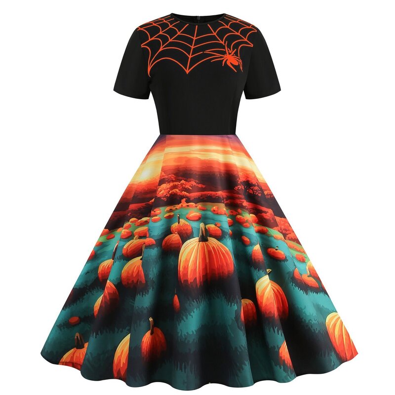 Women's Dresses Factory - OEM Halloween Round Neck Vintage Party Print Slim-fitting