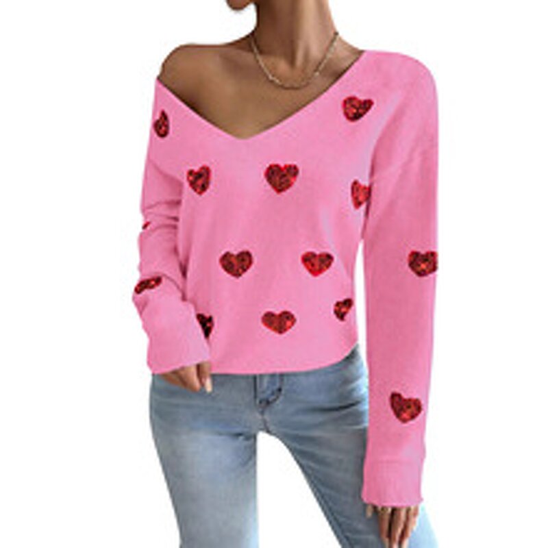 Women's Sweater Factory - OEM Fall Winter Valentine's Day Sequin Heart Embroidered V-Neck