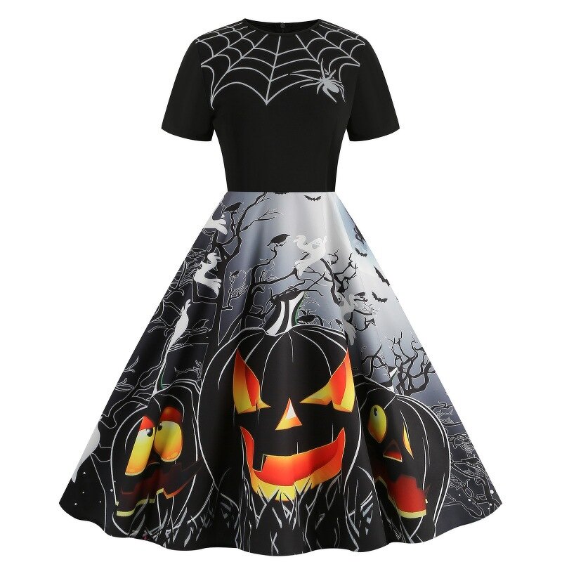 Women's Dresses Factory - OEM Halloween Round Neck Vintage Party Print Slim-fitting
