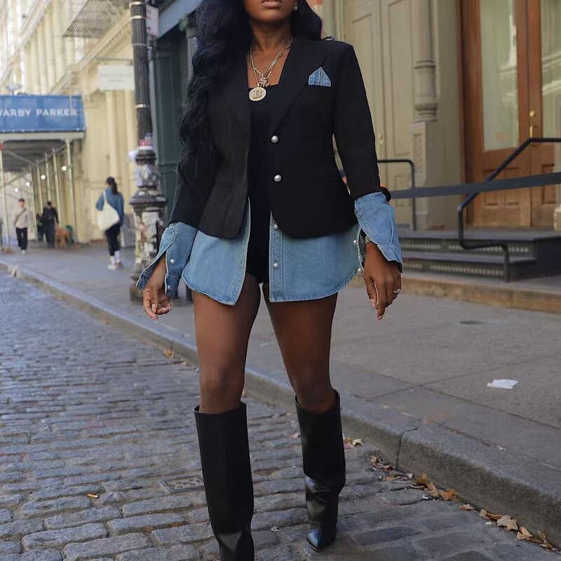 Women's Blazer Factory - OEM Casual Denim Patchwork Suit Jacket