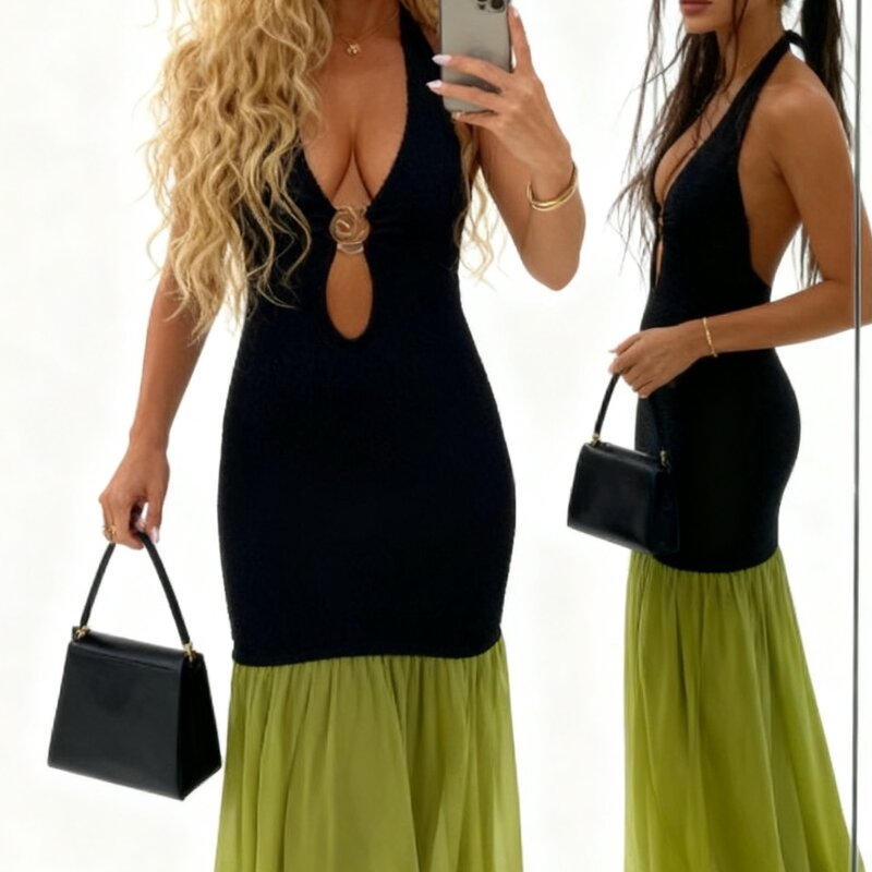 Women's Dresses Factory - OEM Backless Sleeveless Lace-Up Cutout Contrast Color