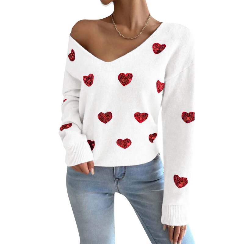 Women's Sweater Factory - OEM Fall Winter Valentine's Day Sequin Heart Embroidered V-Neck