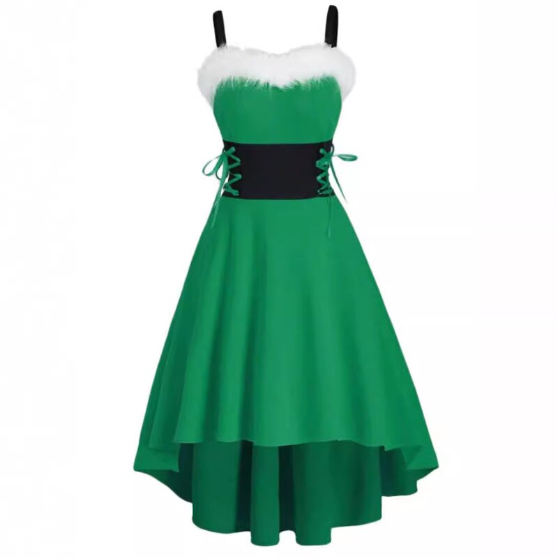 Women's Dresses Factory - OEM Holiday Faux Fur Collar Off-Shoulder Bow Halter