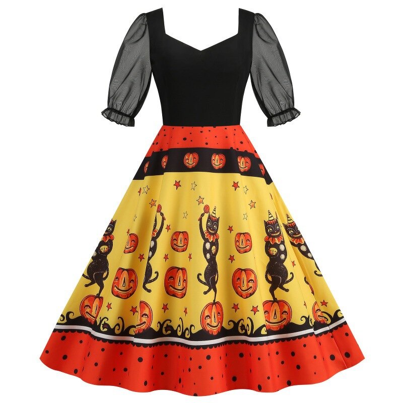 Women's Dresses Factory - OEM Halloween Party Tulle Panel Half-Sleeve Vintage Print