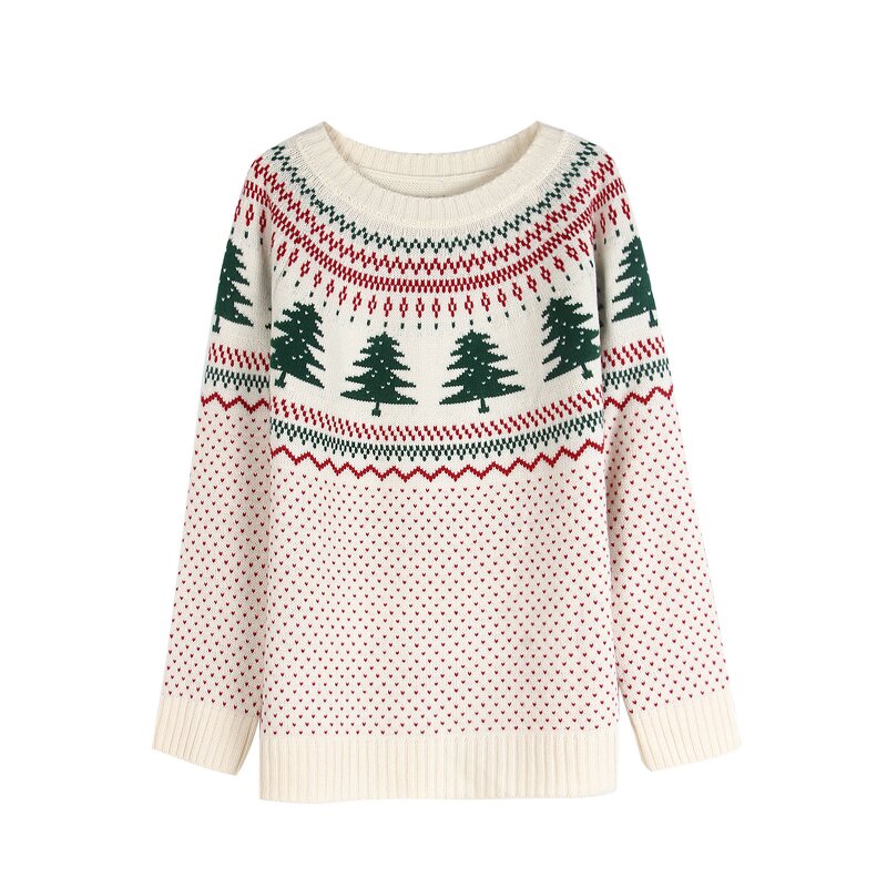 Women's Sweater Factory - OEM Fall Winter Christmas Loose Knit Pine Tree Embroidered