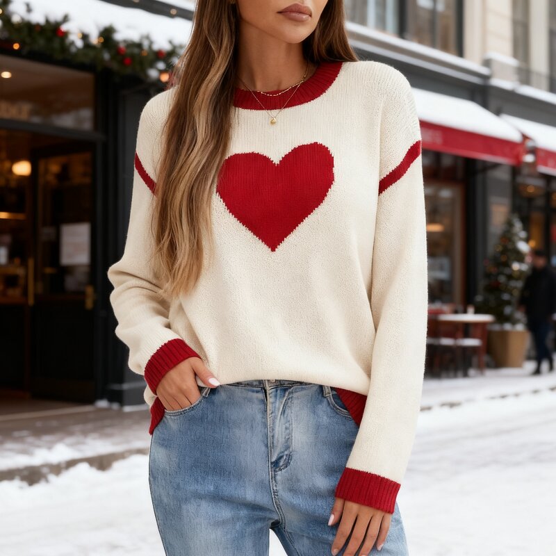 Women's Sweater Factory - OEM Fall Winter Color-Blocked Heart Round Neck Knit Top