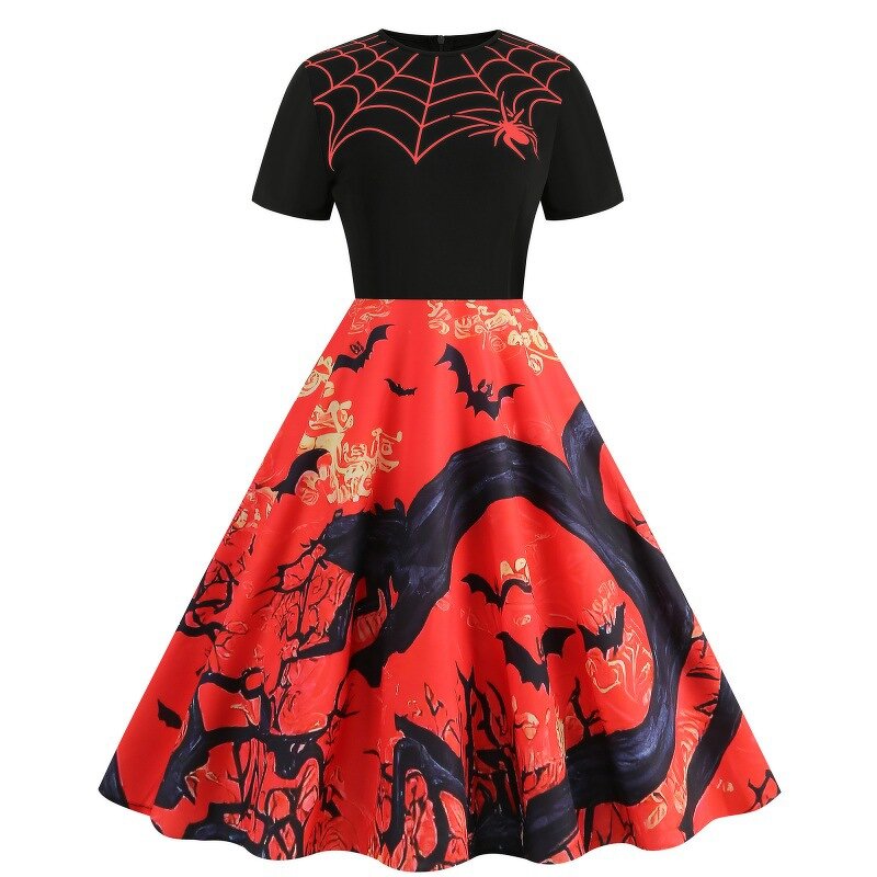 Women's Dresses Factory - OEM Halloween Round Neck Vintage Party Print Slim-fitting