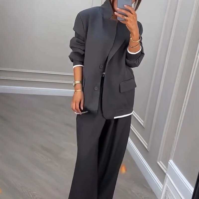 Women's Suit Set Factory - OEM Fall Gray Commuter Blazer Trousers 2-Piece