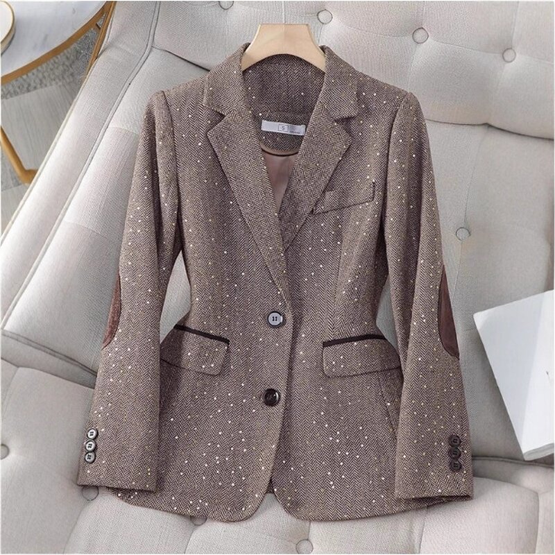 Women's Jacket Factory - OEM Fall Winter Sequin Korean Houndstooth Top Blazer