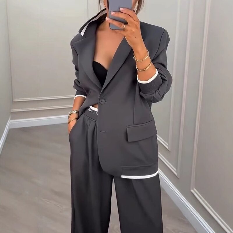 Women's Suit Set Factory - OEM Fall Gray Commuter Blazer Trousers 2-Piece