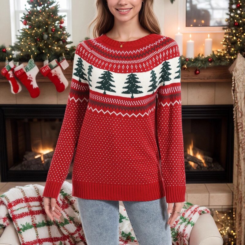 Women's Sweater Factory - OEM Fall Winter Christmas Loose Knit Pine Tree Embroidered