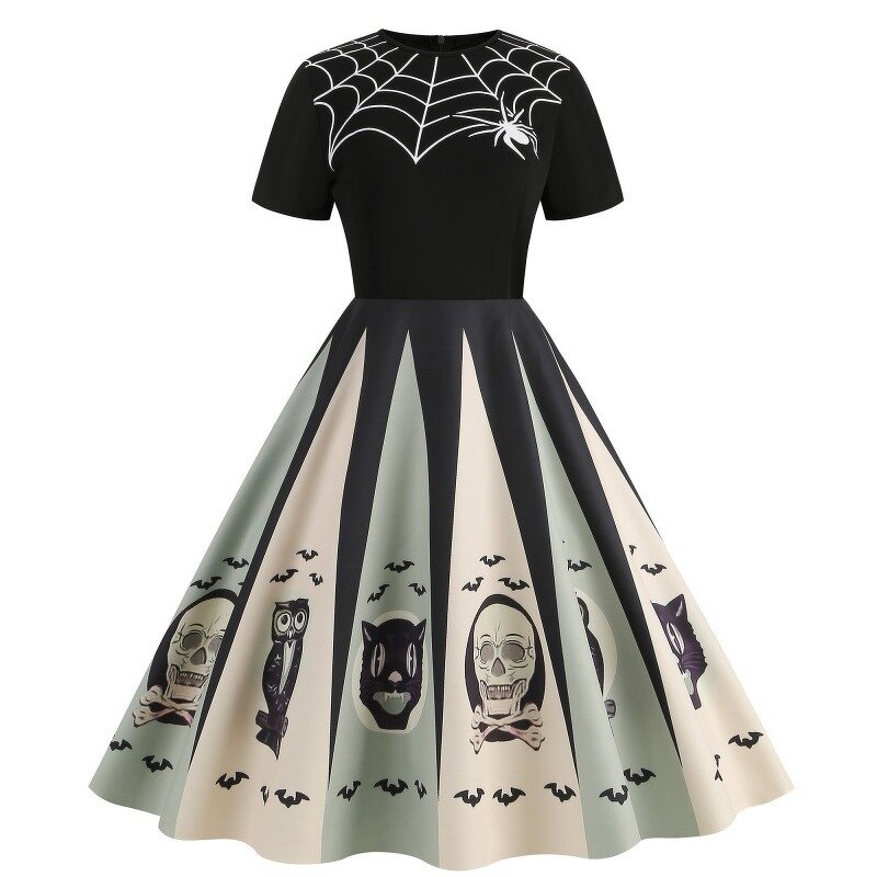 Women's Dresses Factory - OEM Halloween Round Neck Vintage Party Print Slim-fitting