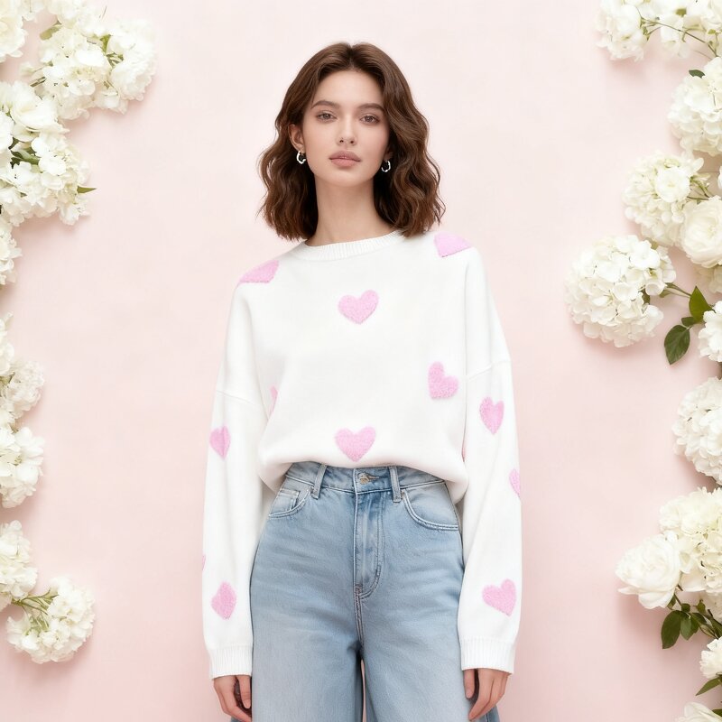 Women's Sweater Factory - OEM Heart Embroidery Round Neck Loose Casual Fall Winter
