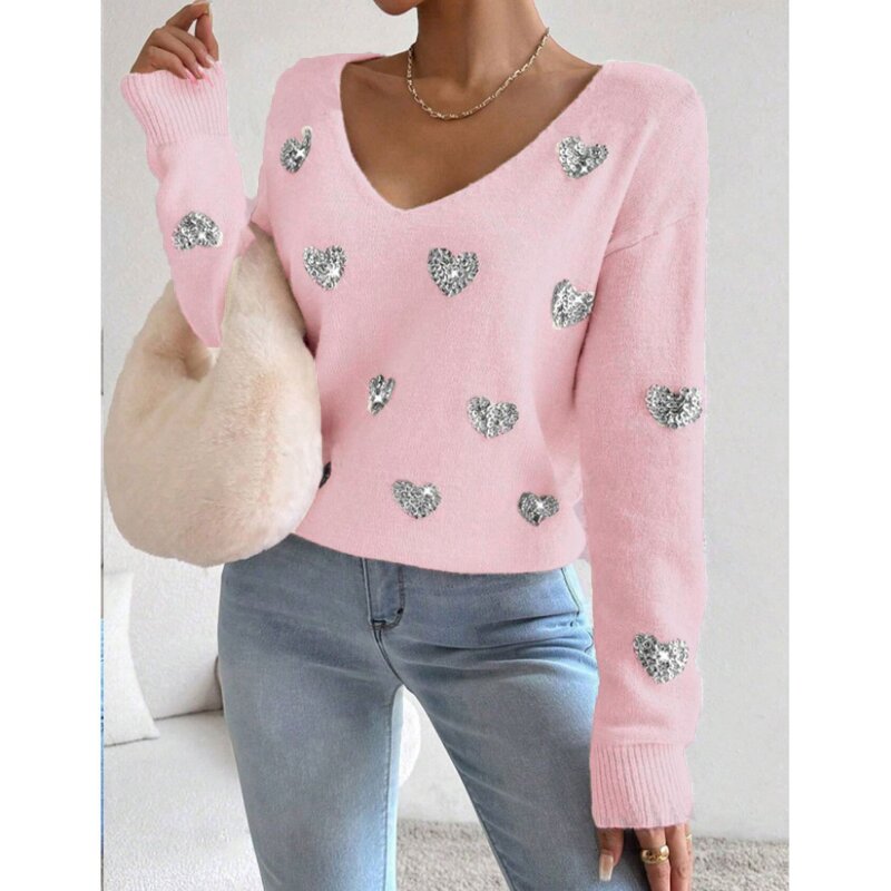 Women's Sweater Factory - OEM Fall Winter Valentine's Day Sequin Heart Embroidered V-Neck