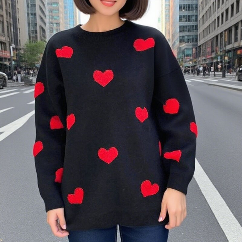 Women's Sweater Factory - OEM Heart Embroidery Round Neck Loose Casual Fall Winter