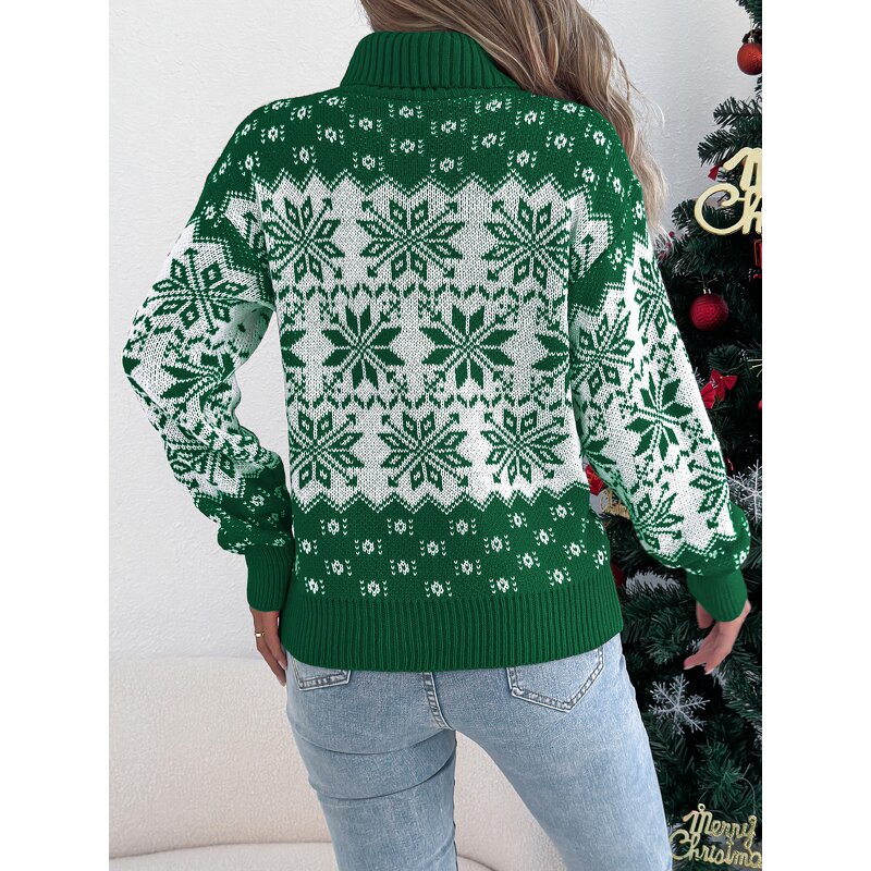 Women's Sweater Factory - OEM Winter Snowflake Pattern Lantern Sleeve High-Neck
