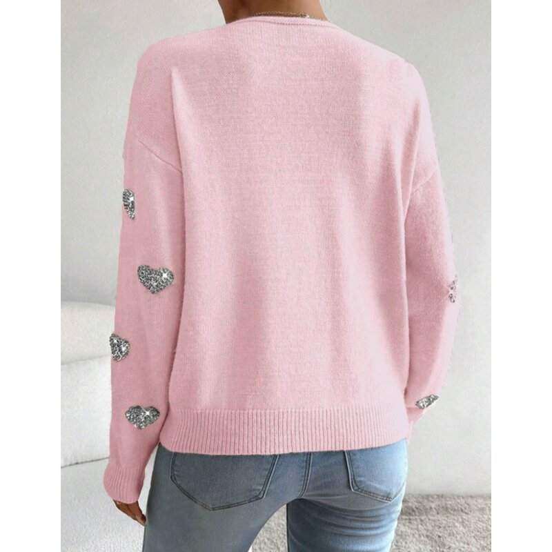 Women's Sweater Factory - OEM Fall Winter Valentine's Day Sequin Heart Embroidered V-Neck