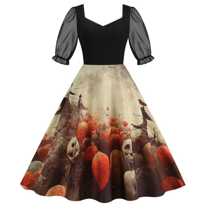 Women's Dresses Factory - OEM Halloween Party Tulle Panel Half-Sleeve Vintage Print