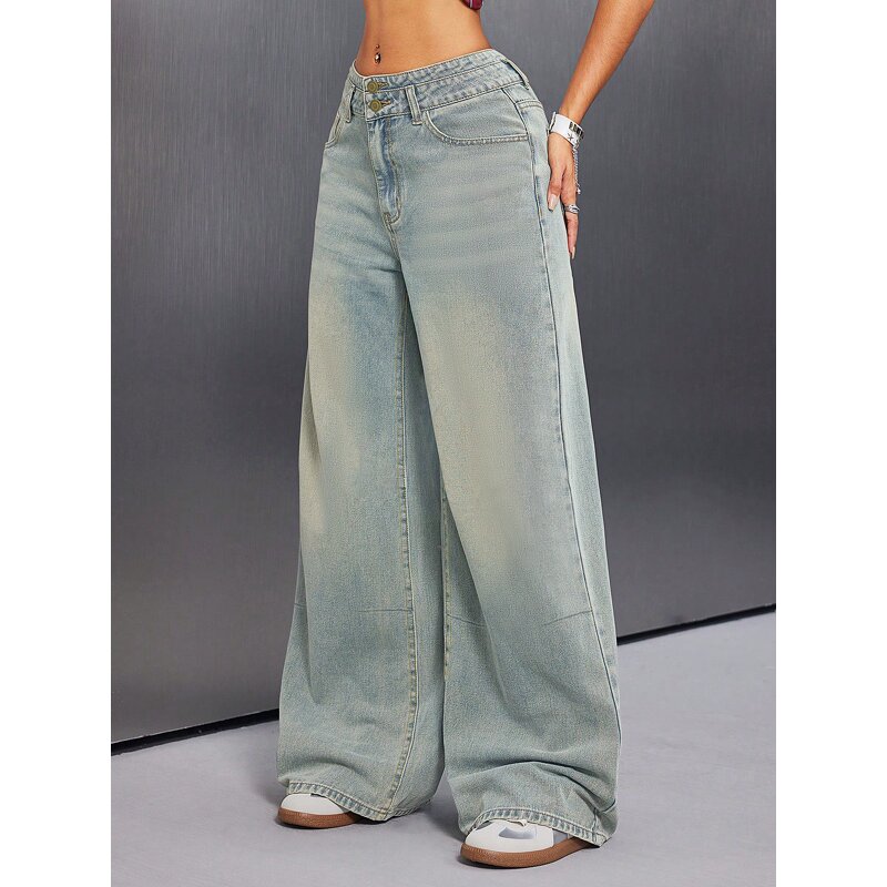 Women's Pants Factory - OEM Button-Front Vintage Jeans Loose Straight-Leg Wide