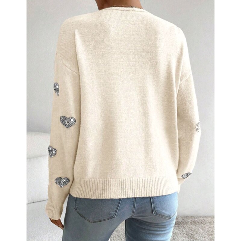 Women's Sweater Factory - OEM Fall Winter Valentine's Day Sequin Heart Embroidered V-Neck