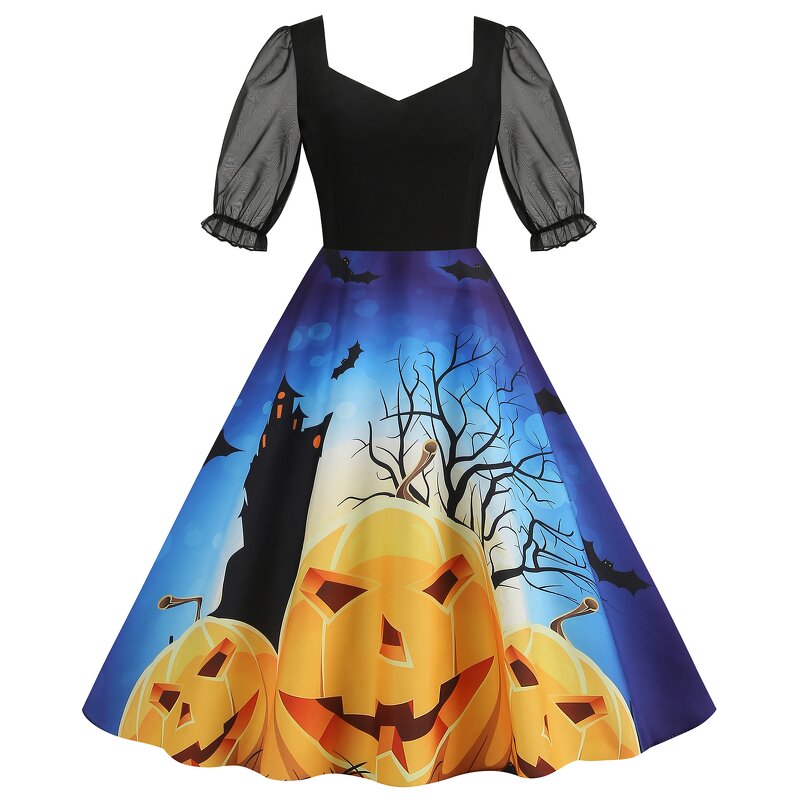 Women's Dresses Factory - OEM Halloween Party Tulle Panel Half-Sleeve Vintage Print