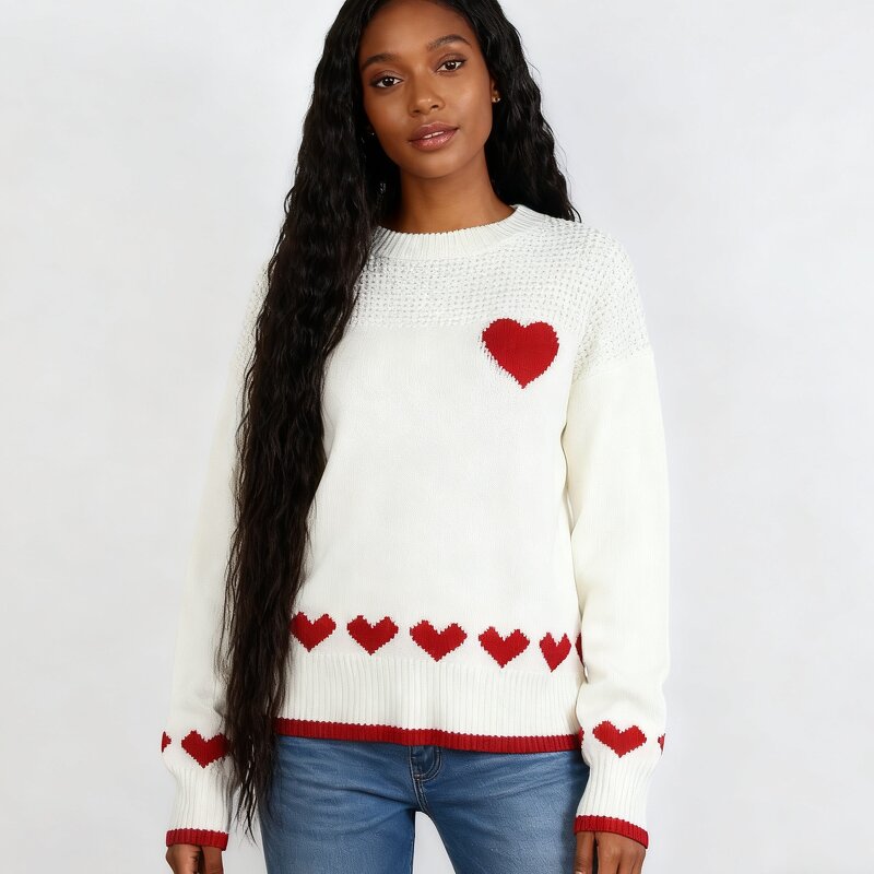 Women's Sweater Factory - OEM Fall Winter Couple Heart-Print Loose Crew Neck Pullover