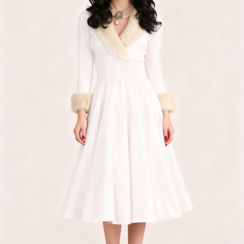 Women's Dresses Factory - OEM Christmas Long-Sleeve Fur-Collar Low-Cut Elegant