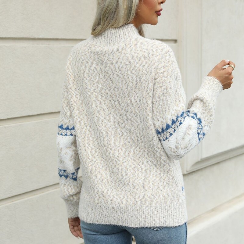 Women's Sweater Factory - OEM Christmas Knit Half-High Neck Snowflake Pattern