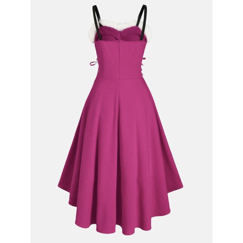 Women's Dresses Factory - OEM Holiday Faux Fur Collar Off-Shoulder Bow Halter