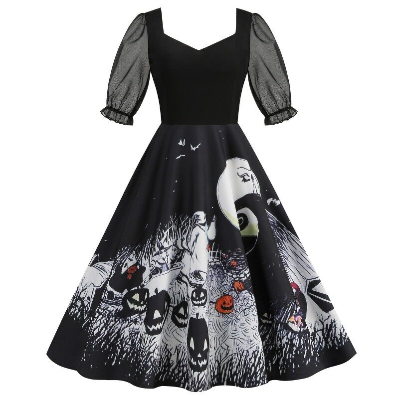 Women's Dresses Factory - OEM Halloween Party Tulle Panel Half-Sleeve Vintage Print